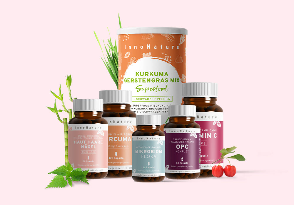 InnoNature Beauty Paket mit Kurkuma Gerstengras Mix, Haut Haare Nägel, Curcuma, Mikrobiom Flora, OPC und Vitamin C