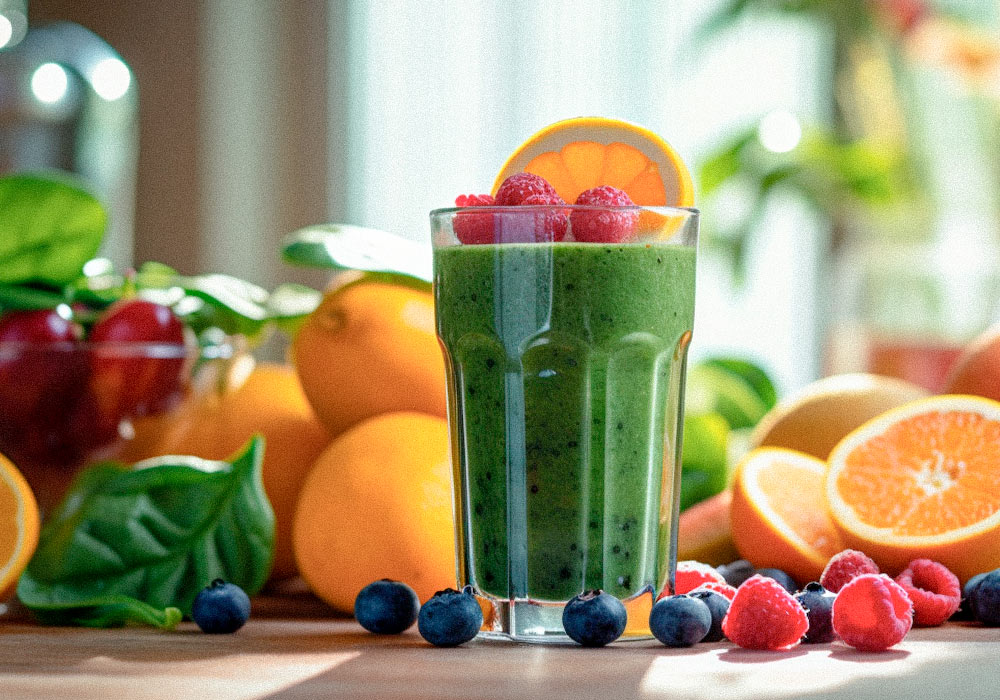 Grüner Smoothie mit Zitrusfrüchten und Beeren im Hintergrund