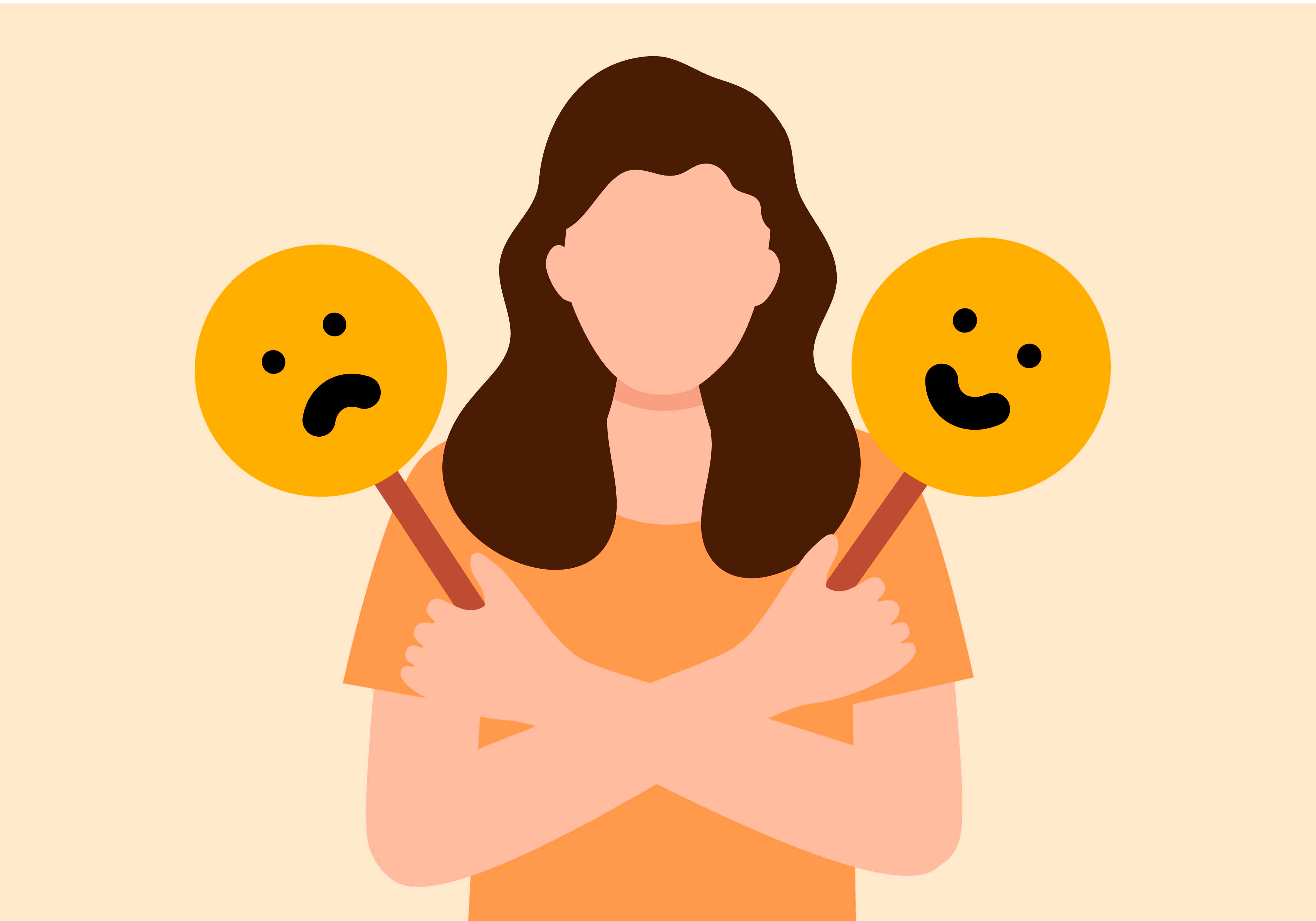 Illustration einer Frau, die in der einen Hand ein Schild mit einem glücklichen Emoji und in der anderen Hand ein Schild mit einem traurigen Emoji hält.