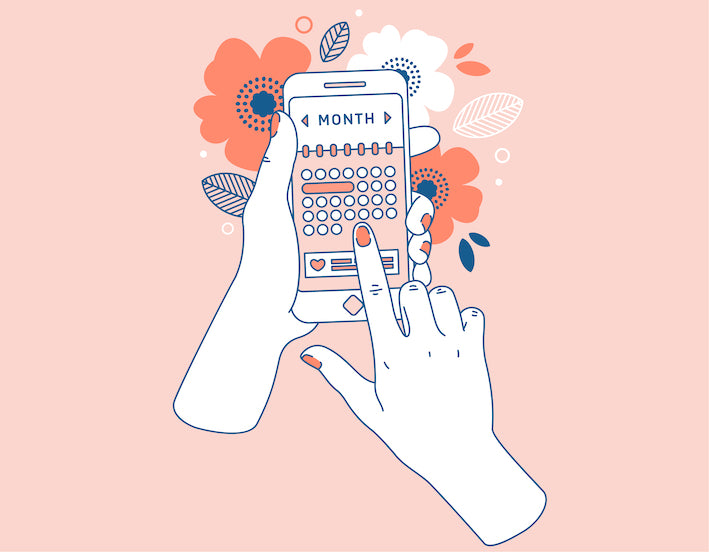 Grafik von Handy, auf dem zwei Hände tippen auf rosa Hintergrund