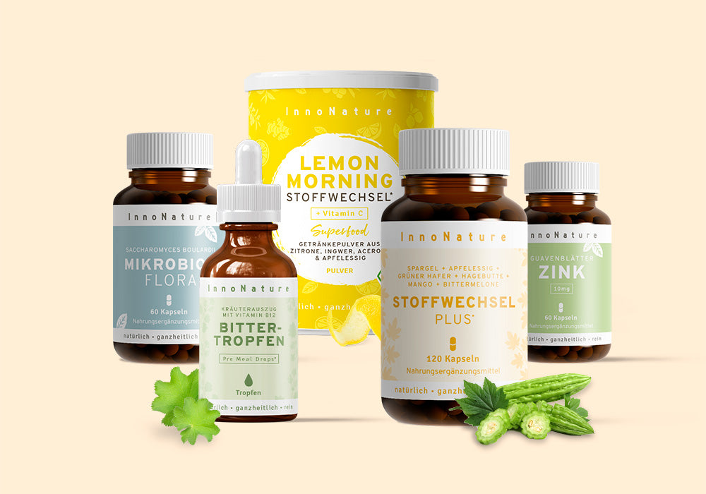 InnoNature Stoffwechsel Paket mit Stoffwechsel Plus, Zink, Bittertropfen, Mikrobiom Flora und Lemon Morning.
