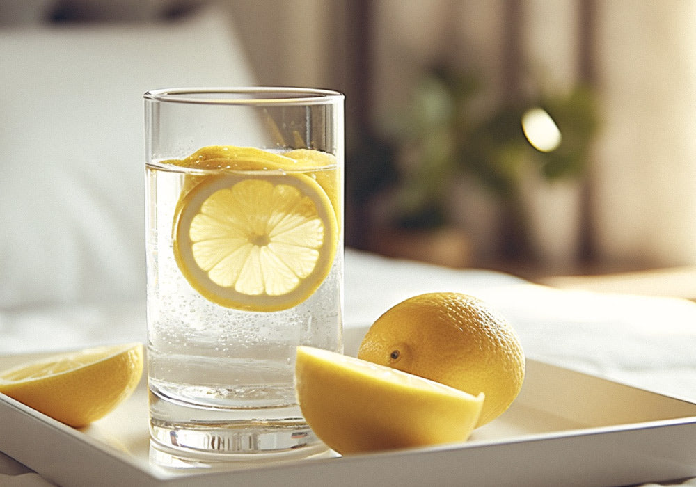 Glas Wasser mit Zitronenscheiben