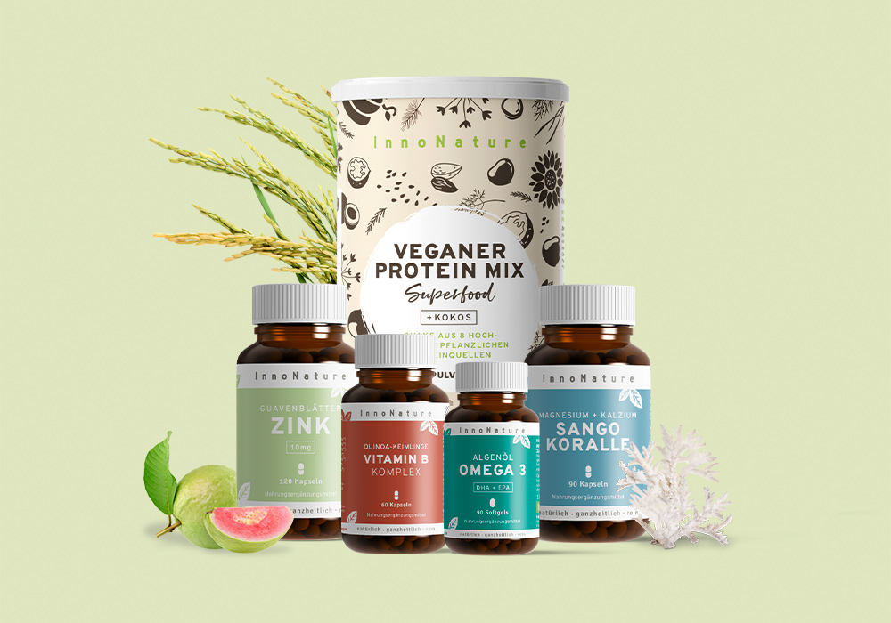 InnoNature Aktiv Paket - Beinhaltet einen veganen Protein Mix, Sango Koralle, Zink, Omega 3 und Vitamin B Komplex