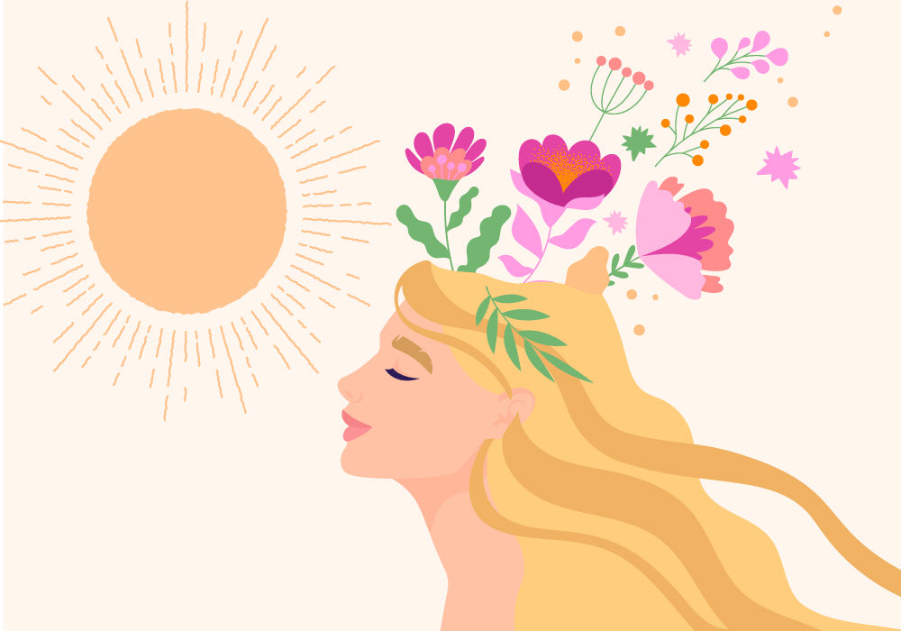 Illustration einer Frau mit Blumen auf dem Kopf.