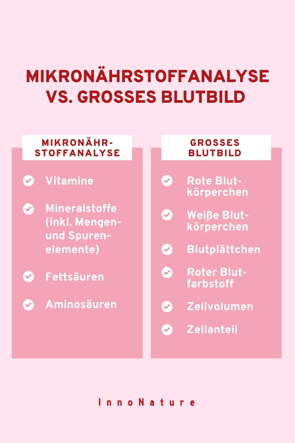 Informationsgrafik auf welcher die Unterschiede zwischen einer Mikronährstoffanalyse und einem großen Blutbild aufgeführt sind. 
