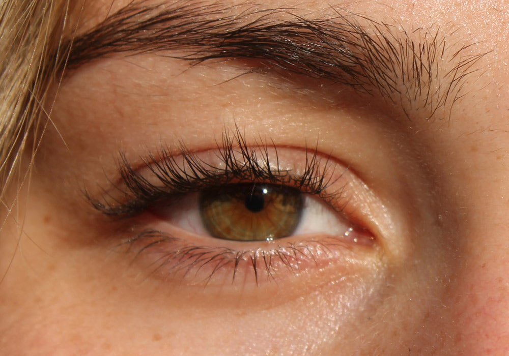 Ein strahlendes braunes Auge im close-up ist zu sehen