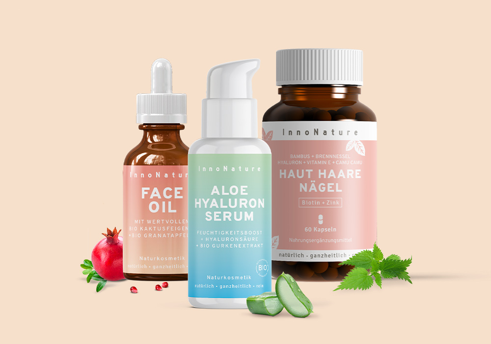 Bild mit dem InnoNature Face Oil, dem Aloe Hyaluron Serum und den Haut Haare Nägel Kapseln