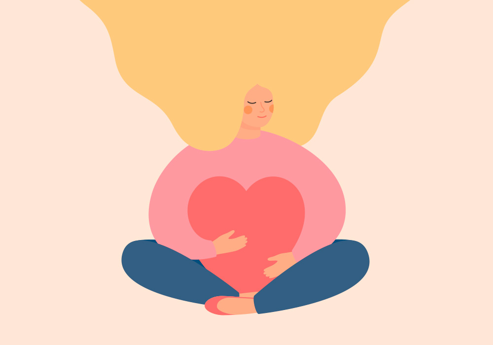 Illustration einer blonden Frau, die ein großes, rotes Herz in den Armen hält.
