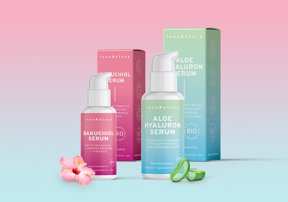 Bild mit 2 unterschiedlichen Seren, Bakuchiol, als natürliche Retinol Alternative und Aloe Hyaluron Serum für mehr Feuchtigkeit.