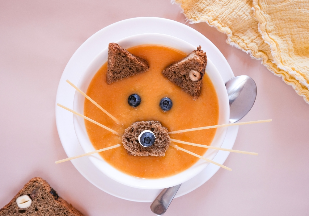 Karotten-Kartoffelsuppe mit kleinen Gesichtern aus Creme Vega