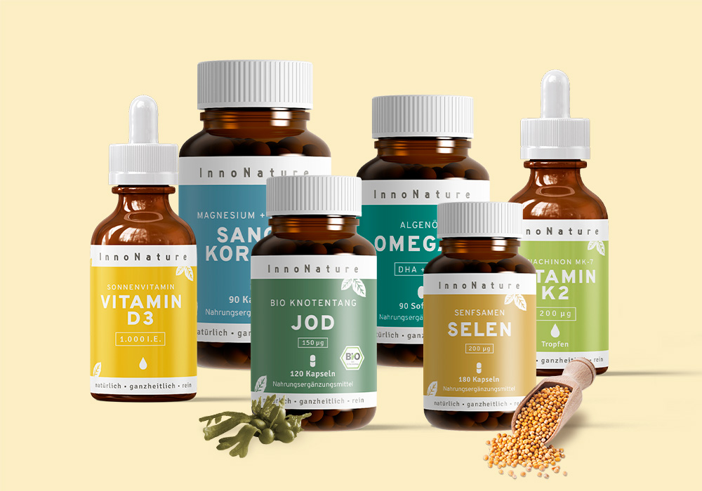 InnoNature Schilddrüsen Paket mit Jod, Selen, Vitamin D3, K2, Sango Meereskoralle, Omega 3