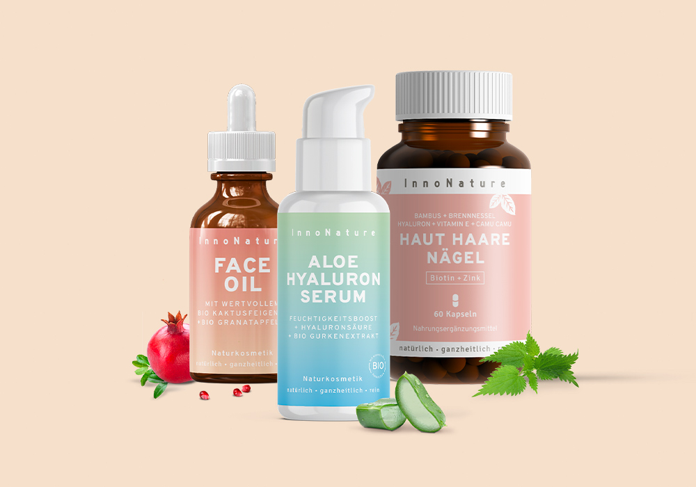 InnoNature Face Oil, Aloe Hyaluron Serum und Haut Haare Nägel Kapseln