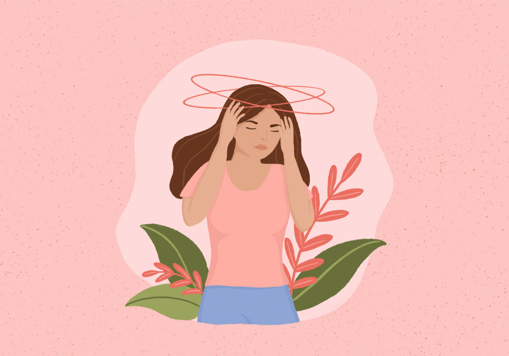 Illustration von einer Frau, die sich den eigenen Kopf hält.