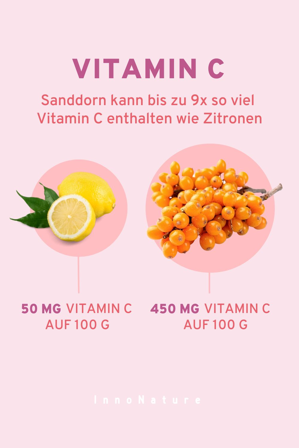 Illustration, die zeigt, wie viel Vitamin C in Zitronen sind und wie viel Vitamin in Sanddorn sind.