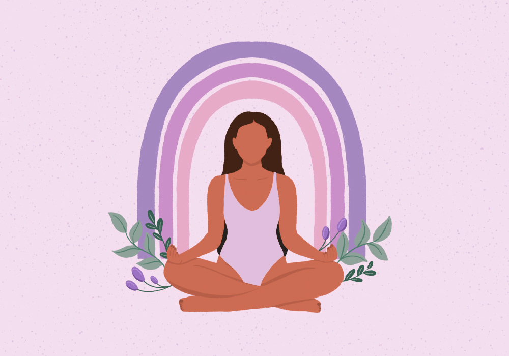 Grafik: Frau sitzt in Meditationsstellung vor einem lilafarbenen Regenbogen