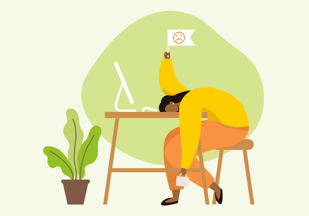 Illustration einer Frau, die ihren Kopf auf dem Tisch abgelegt hat. 