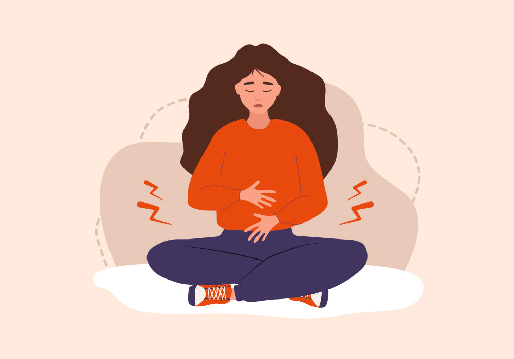 Illustration einer Frau, die sich den Bauch hält. 