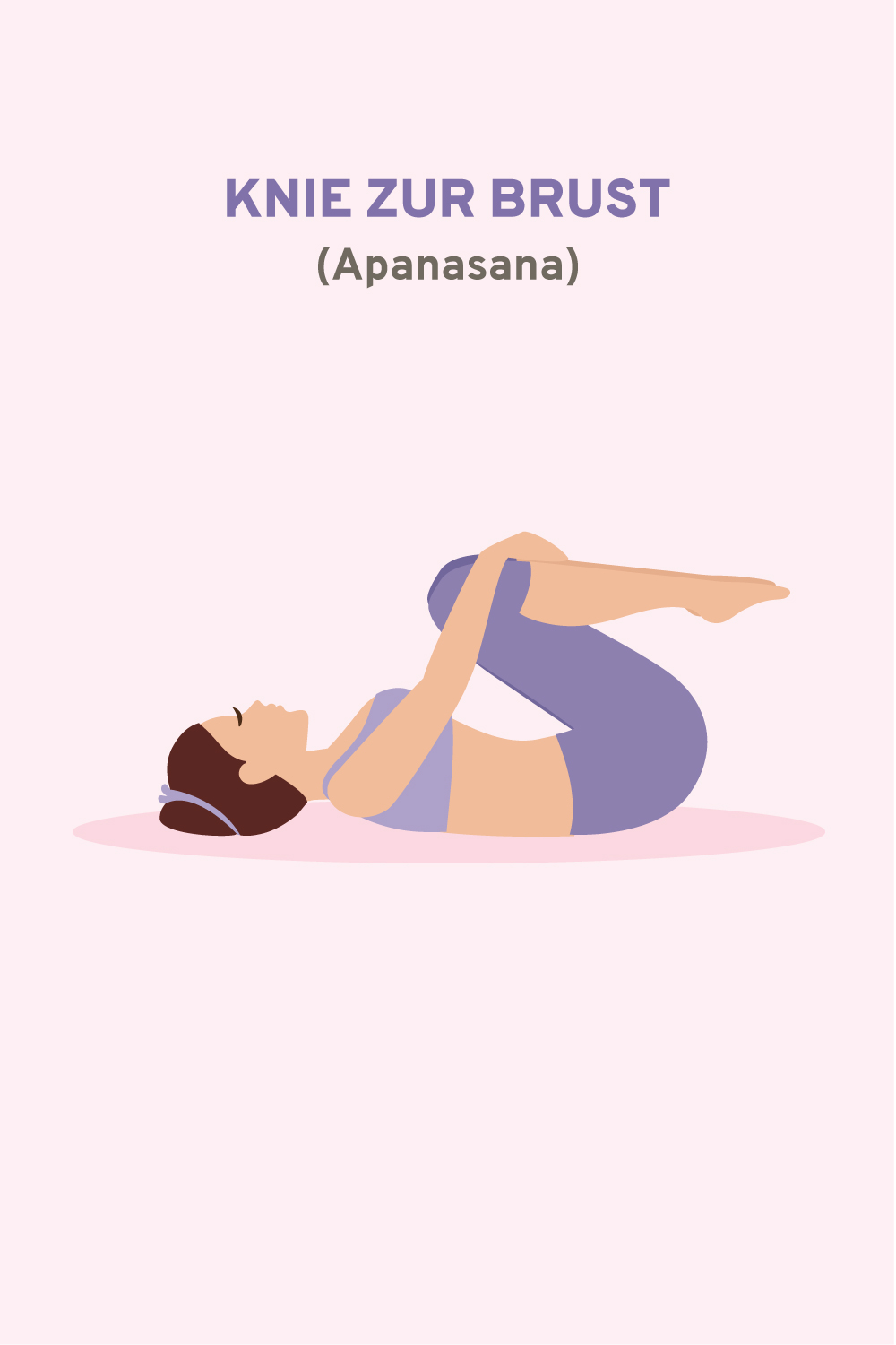 Illustration einer Frau, die die Yoga Pose Apanasana (Knie zur Brust) macht. 