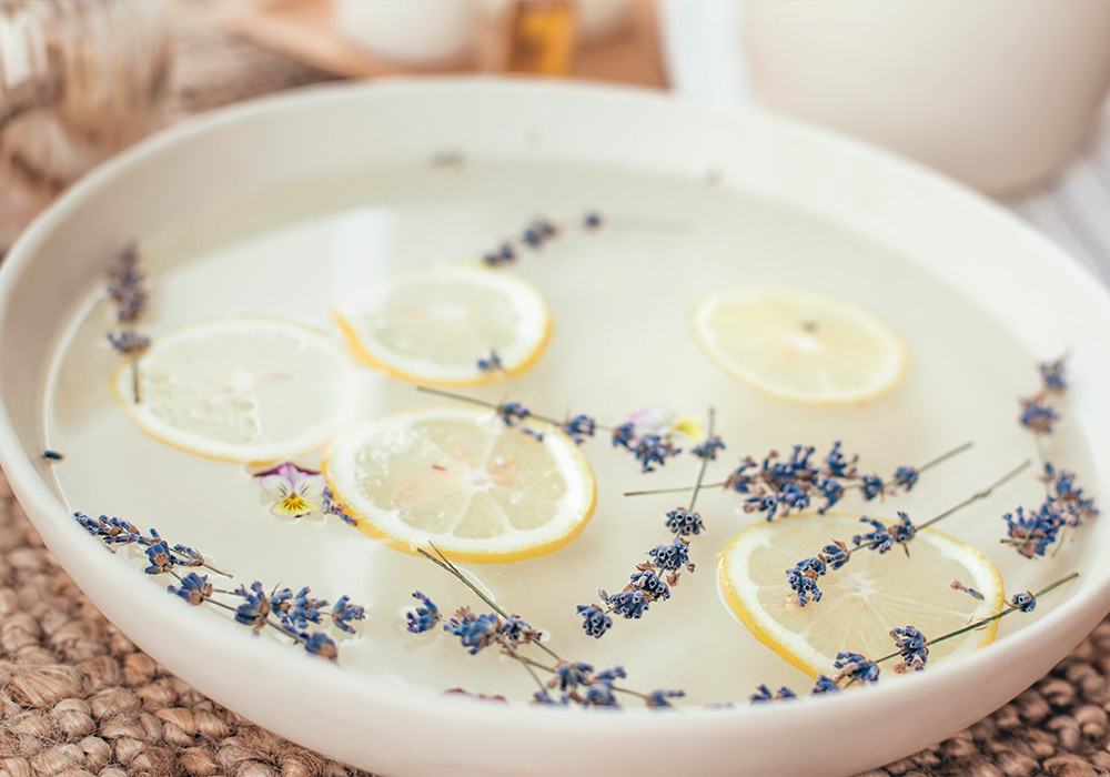 Zitronenscheiben und Lavendel in Wasserschale