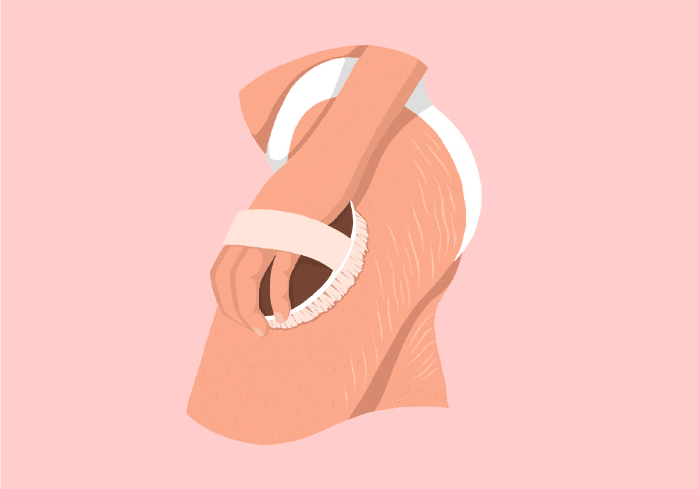 Illustration eines weiblichen Oberschenkels, der gerade mit einer Bürste massiert wird